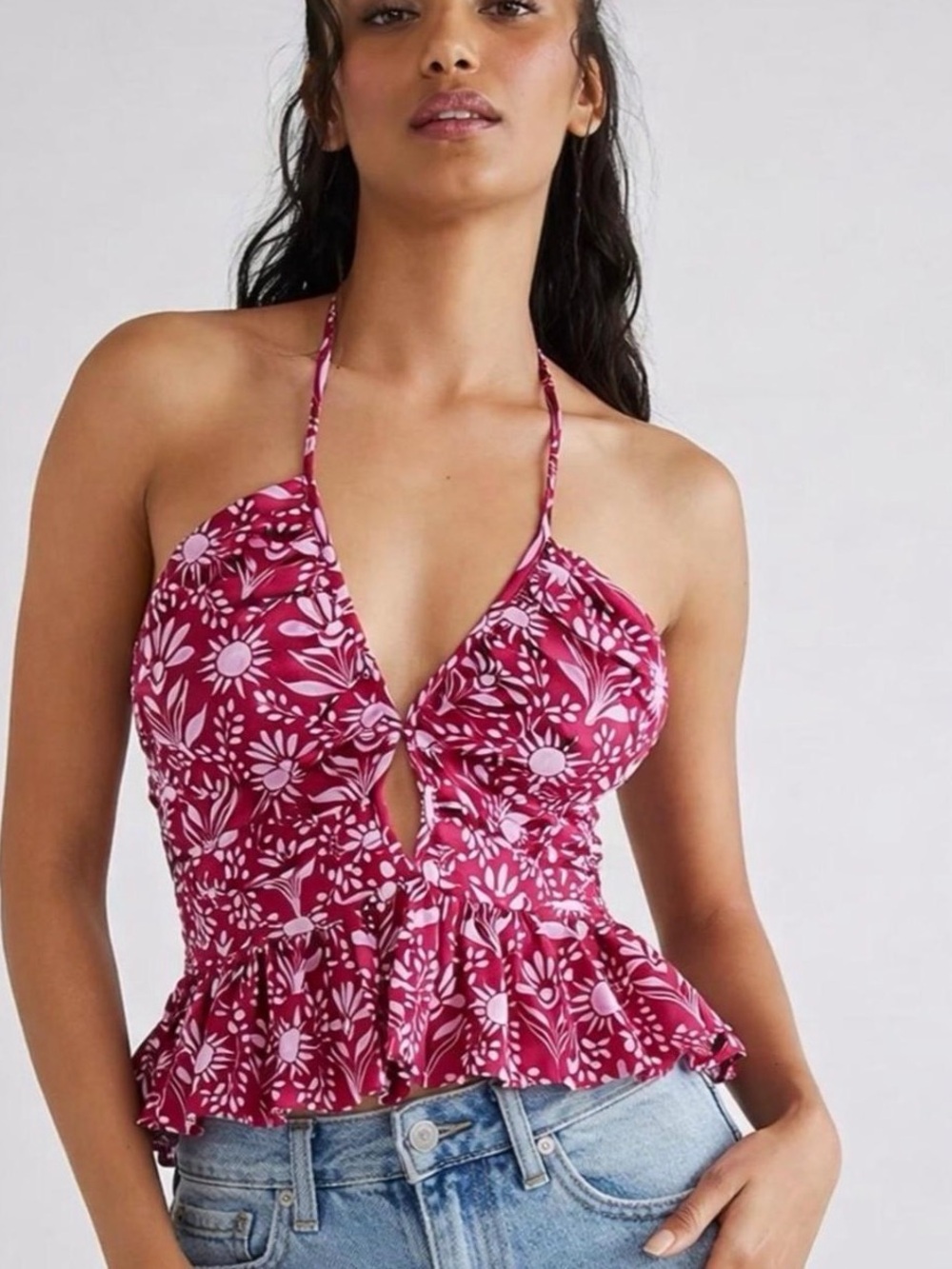 Free People Pink Floral Halter Peplum Top
